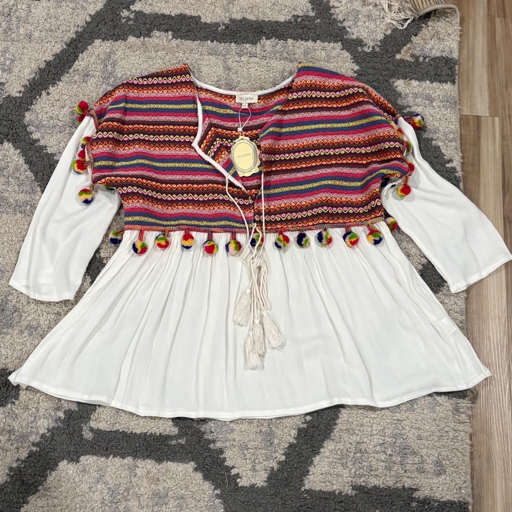 Velzera Boho Pom Pom Embroidered Peasant Tunic Blouse White Multi 2XL NWT xx